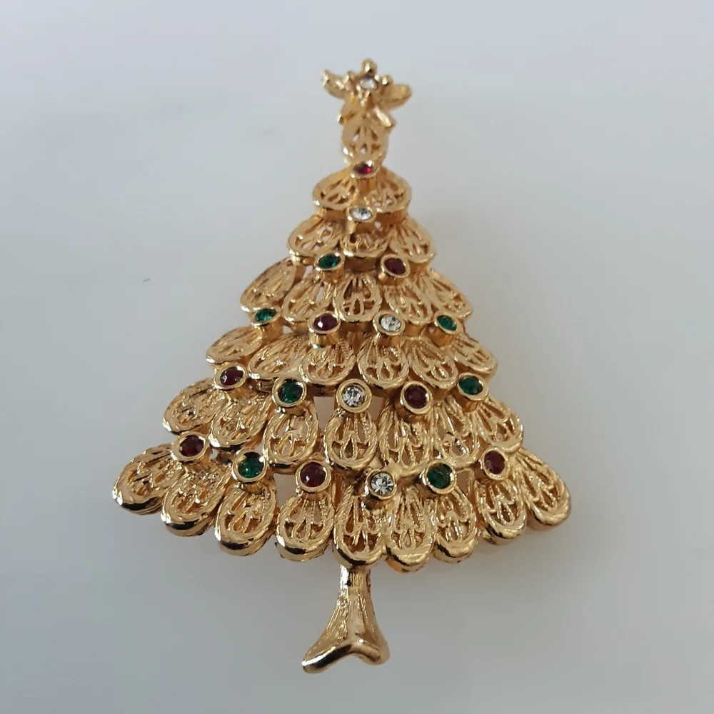 Christmas Tree Brooch Gold Tone | Colored Rhinestones